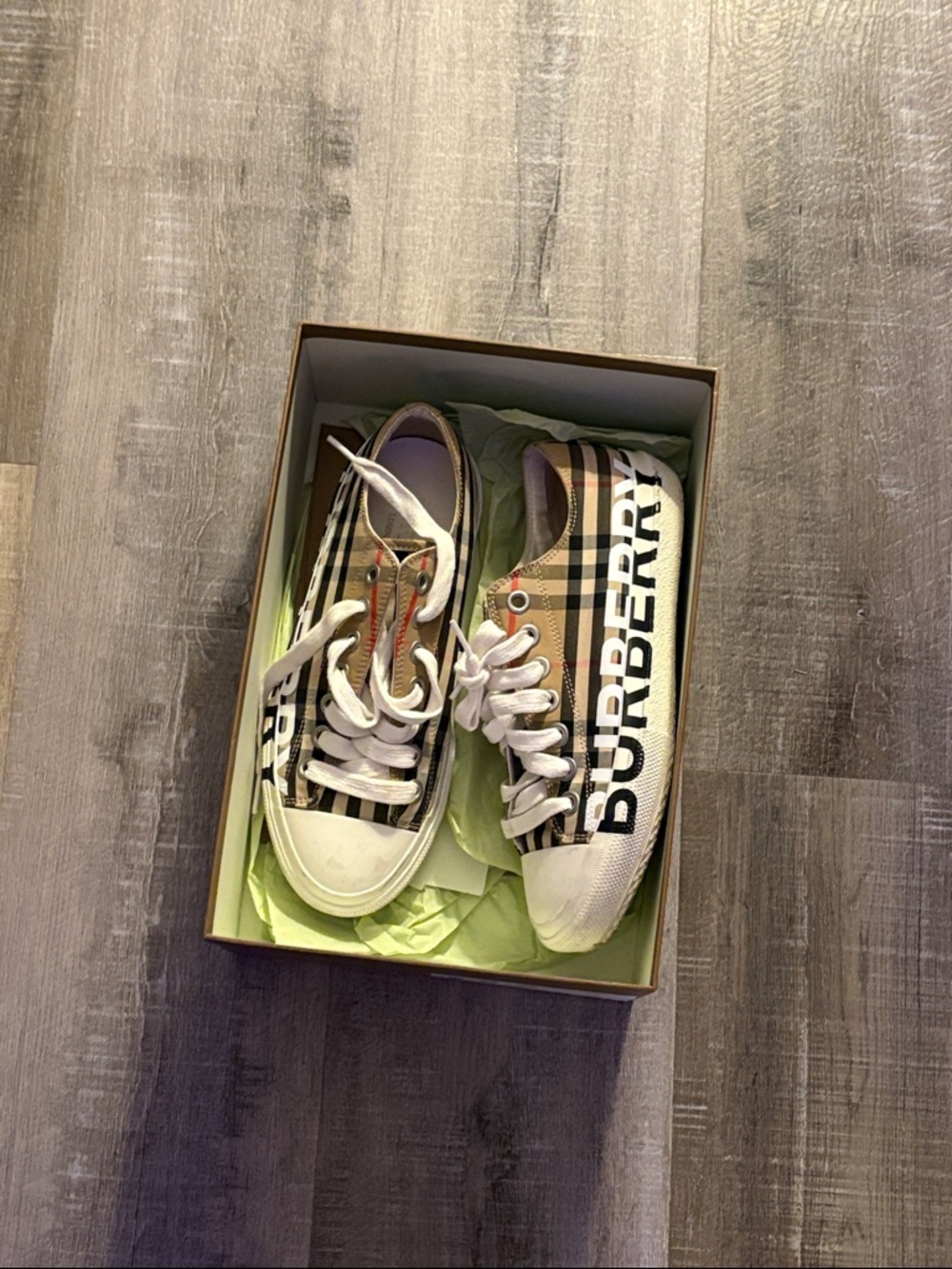 Burberry Beige Check Canvas Kids Sneakers with Black Logo and White Accents